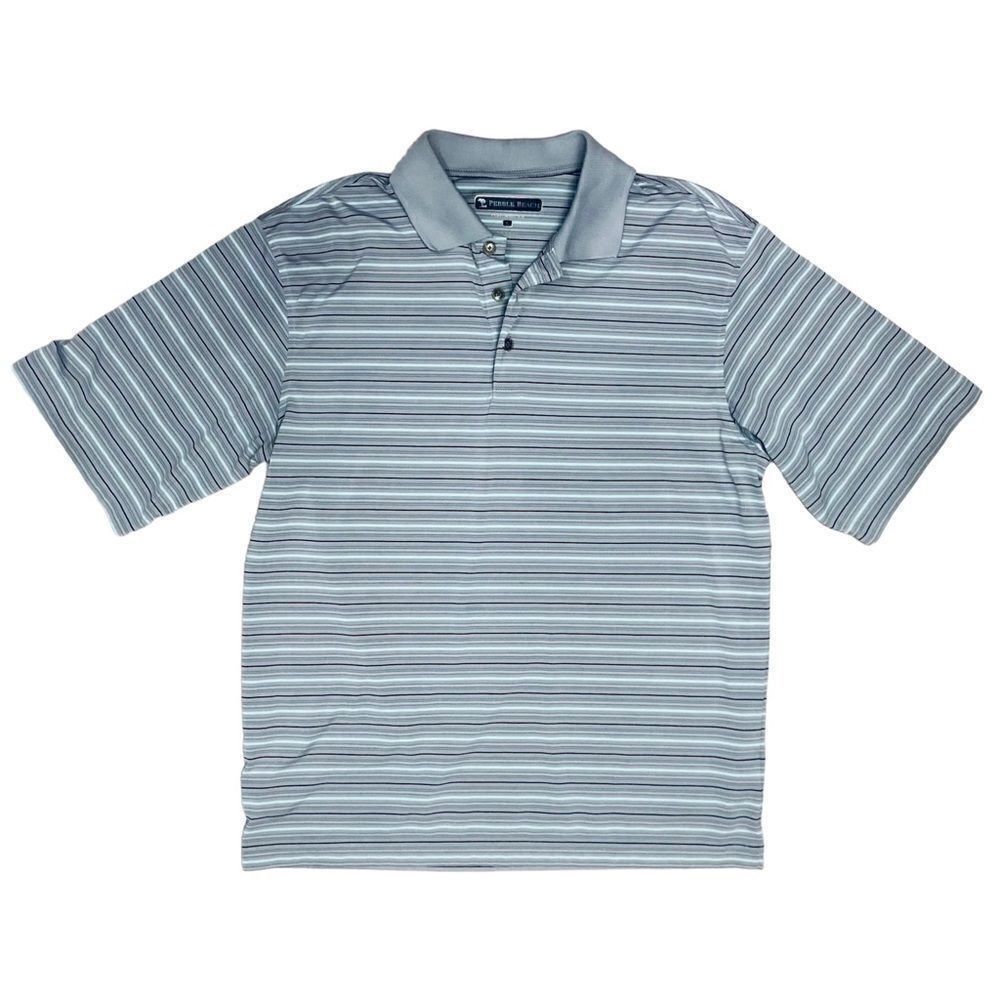 Pebble Beach Golf Polo Shirt Gray Striped Short Sleeve Performance Sz L
